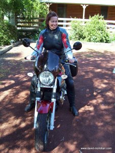 Jane on her new Moto Guzzi Breva 750, 2005.